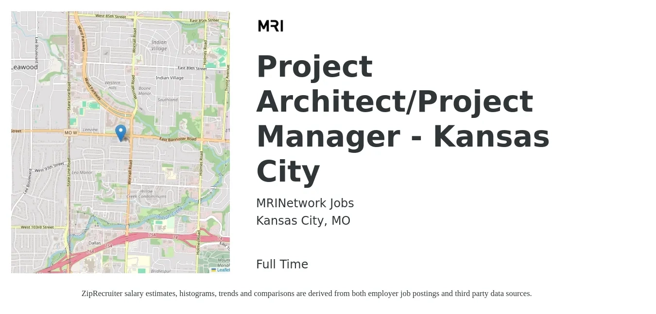 MRINetwork Jobs job posting for a Project Architect/Project Manager - Kansas City in Kansas City, MO with a salary of $81,000 to $108,300 Yearly with a map of Kansas City location.