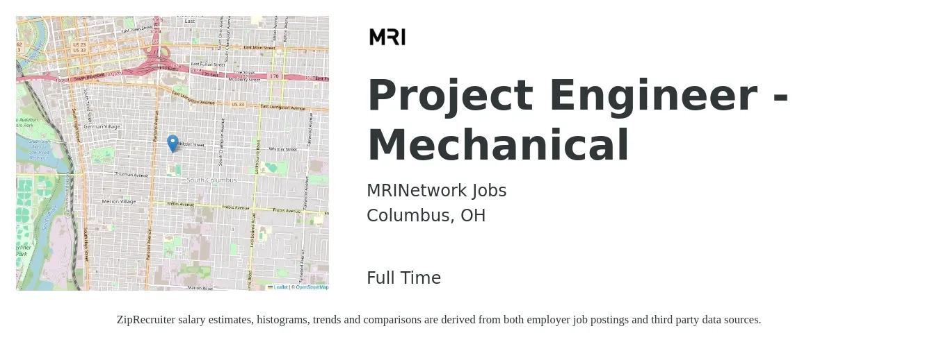 MRINetwork Jobs job posting for a Project Engineer - Mechanical in Columbus, OH with a salary of $74,400 to $101,400 Yearly with a map of Columbus location.