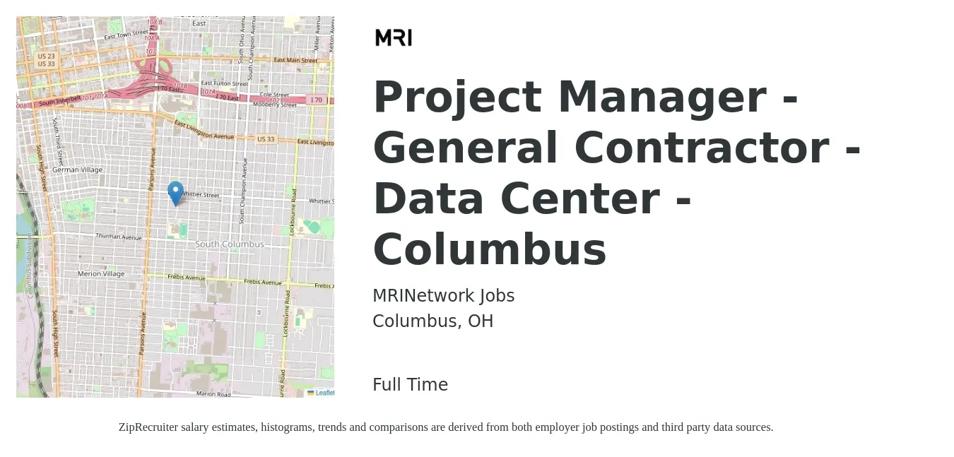 MRINetwork Jobs job posting for a Project Manager - General Contractor - Data Center - Columbus in Columbus, OH with a salary of $116,900 Yearly with a map of Columbus location.