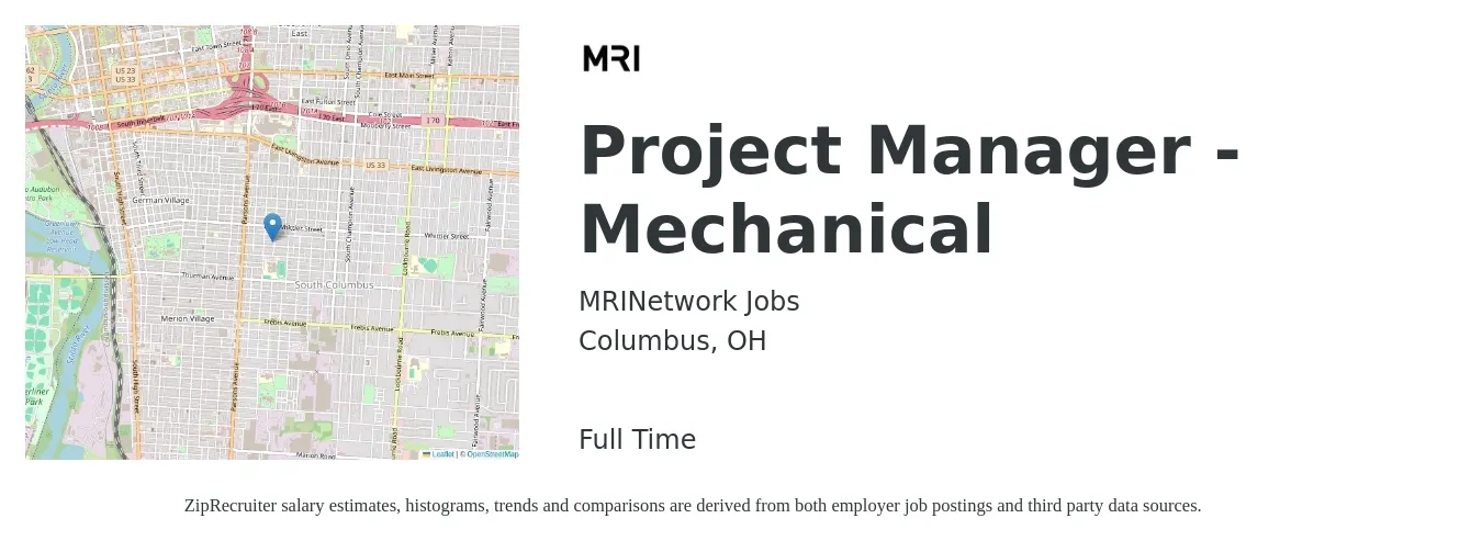 MRINetwork Jobs job posting for a Project Manager - Mechanical in Columbus, OH with a salary of $87,400 to $118,300 Yearly with a map of Columbus location.