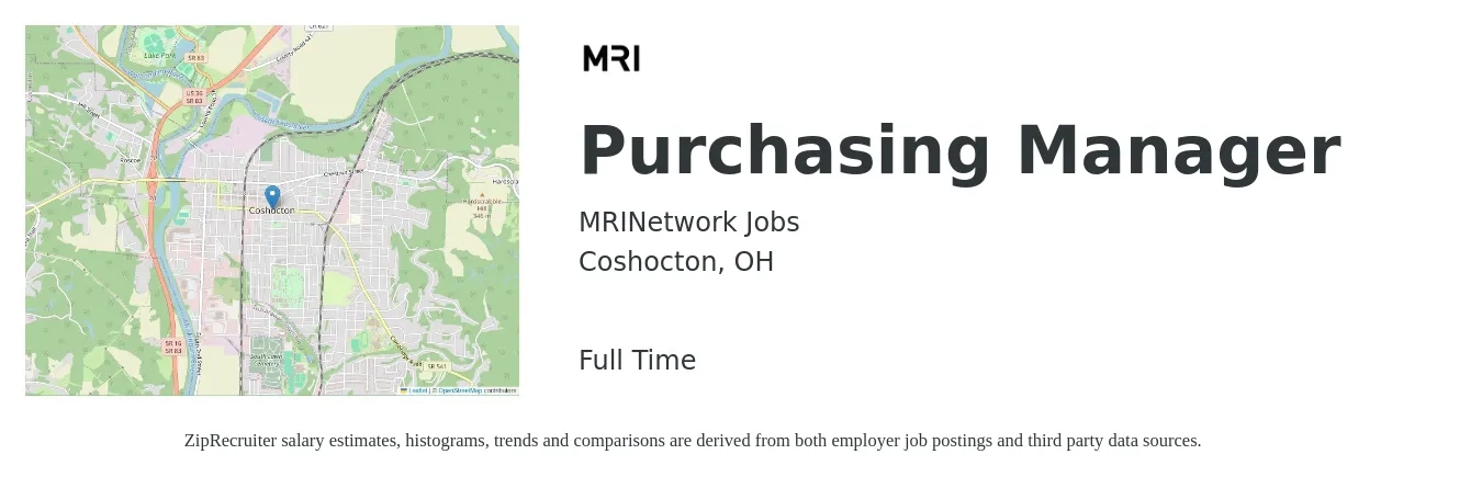 MRINetwork Jobs job posting for a Purchasing Manager in Coshocton, OH with a salary of $57,600 to $88,700 Yearly with a map of Coshocton location.