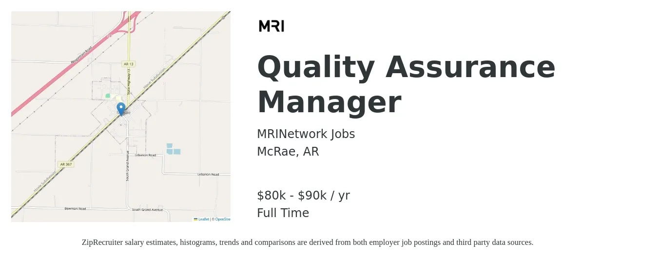 MRINetwork Jobs job posting for a Quality Assurance Manager in McRae, AR with a salary of $80,000 to $90,000 Yearly with a map of McRae location.