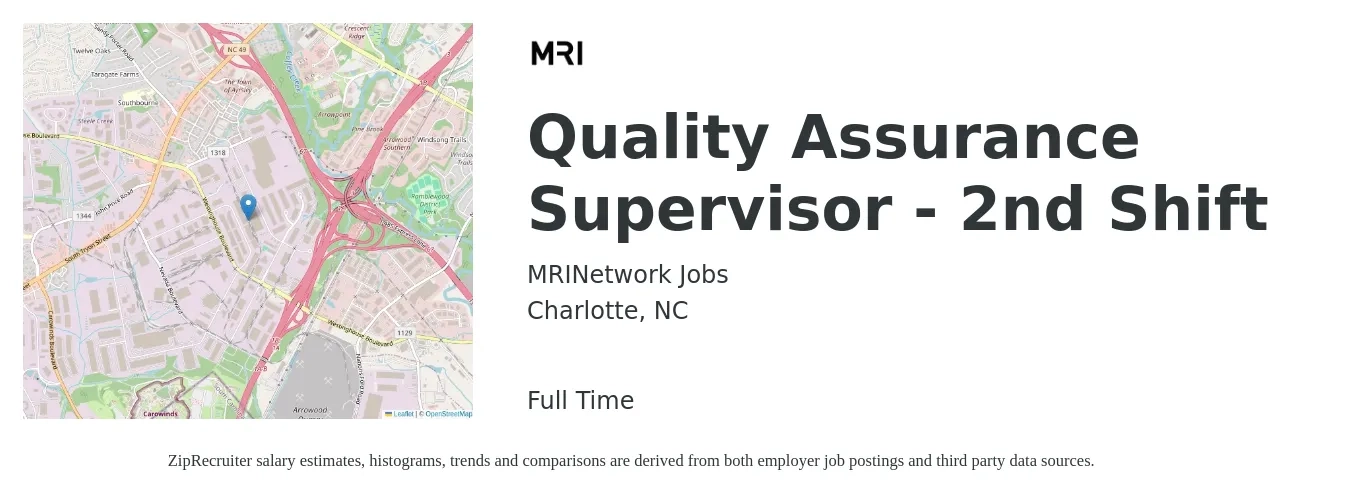 MRINetwork Jobs job posting for a Quality Assurance Supervisor - 2nd Shift in Charlotte, NC with a salary of $81,100 to $141,100 Yearly with a map of Charlotte location.