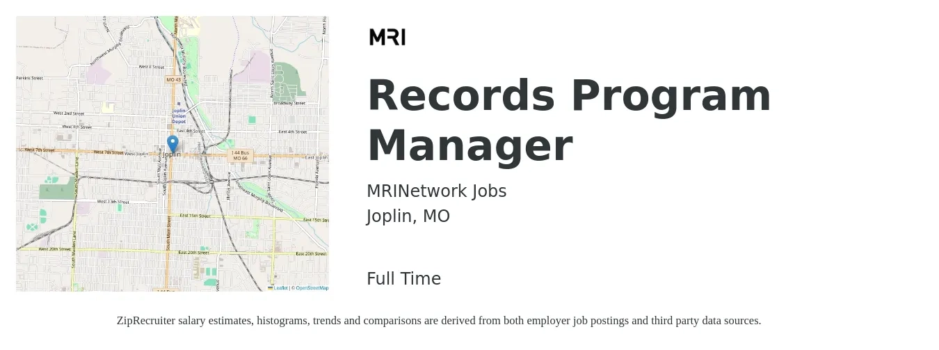 MRINetwork Jobs job posting for a Records Program Manager in Joplin, MO with a salary of $46,900 to $71,900 Yearly with a map of Joplin location.