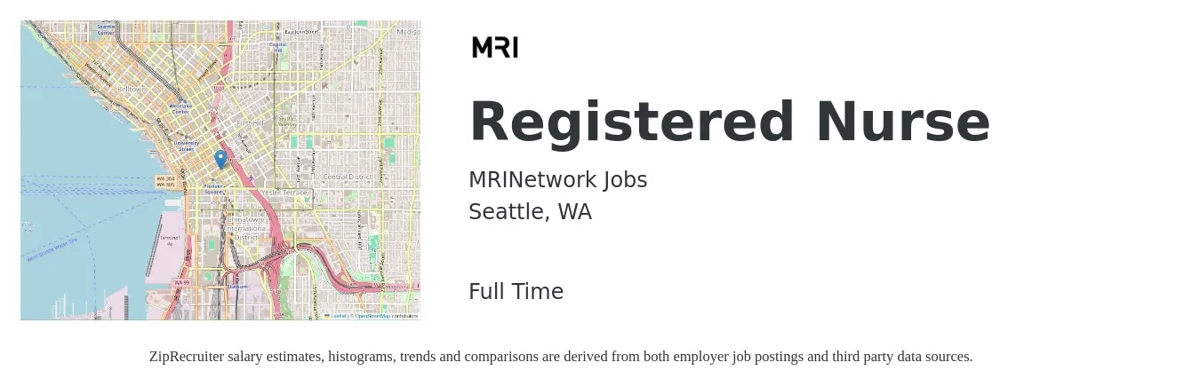 MRINetwork Jobs job posting for a Registered Nurse in Seattle, WA with a salary of $37 to $59 Hourly with a map of Seattle location.