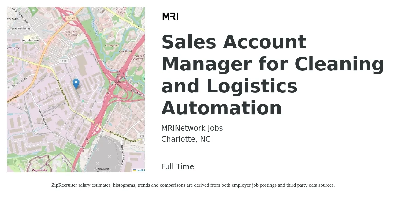 MRINetwork Jobs job posting for a Sales Account Manager for Cleaning and Logistics Automation in Charlotte, NC with a salary of $49,300 to $78,100 Yearly with a map of Charlotte location.