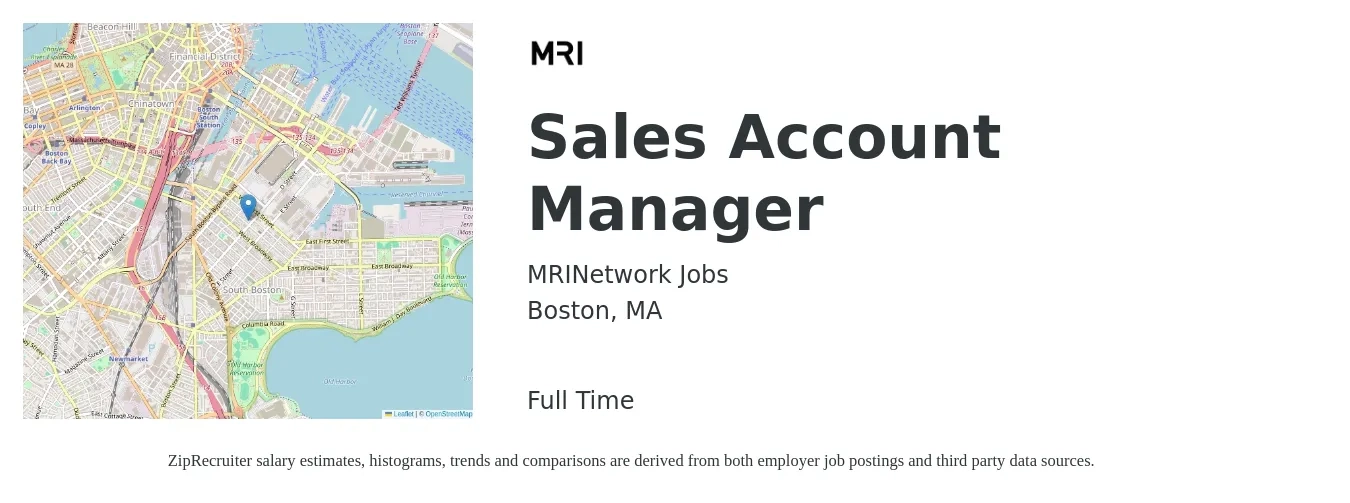 MRINetwork Jobs job posting for a Sales Account Manager in Boston, MA with a salary of $54,900 to $86,900 Yearly with a map of Boston location.