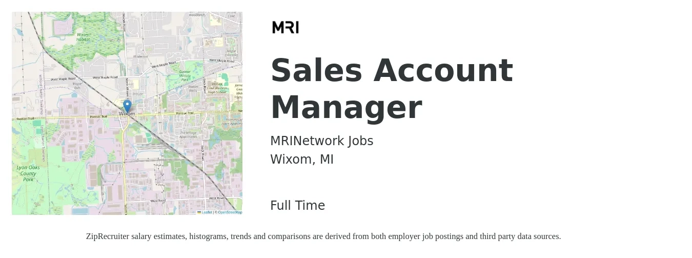 MRINetwork Jobs job posting for a Sales Account Manager in Wixom, MI with a salary of $48,400 to $76,700 Yearly with a map of Wixom location.