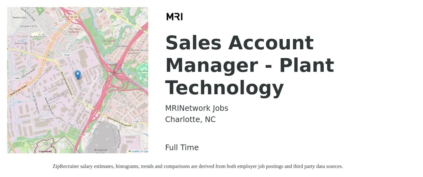 MRINetwork Jobs job posting for a Sales Account Manager - Plant Technology in Charlotte, NC with a salary of $49,300 to $78,100 Yearly with a map of Charlotte location.