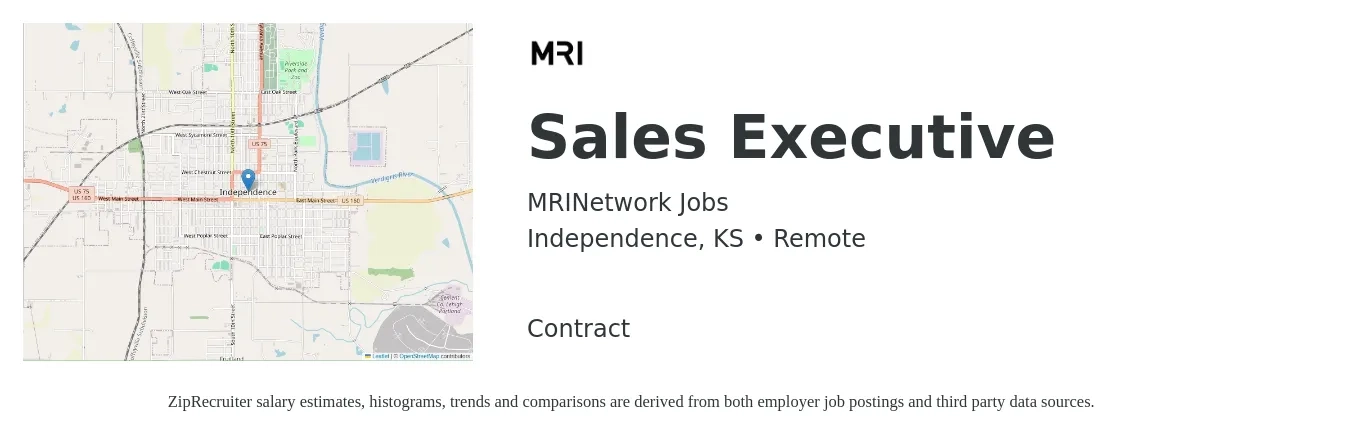 MRINetwork Jobs job posting for a Sales Executive in Independence, KS with a salary of $46,900 to $80,700 Yearly with a map of Independence location.