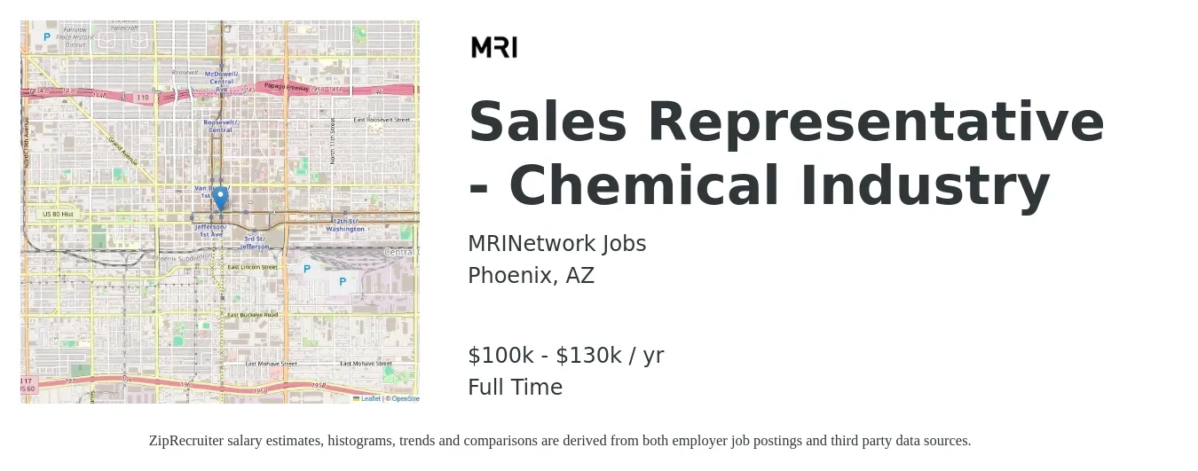 MRINetwork Jobs job posting for a Sales Representative - Chemical Industry in Phoenix, AZ with a salary of $100,000 to $130,000 Yearly with a map of Phoenix location.