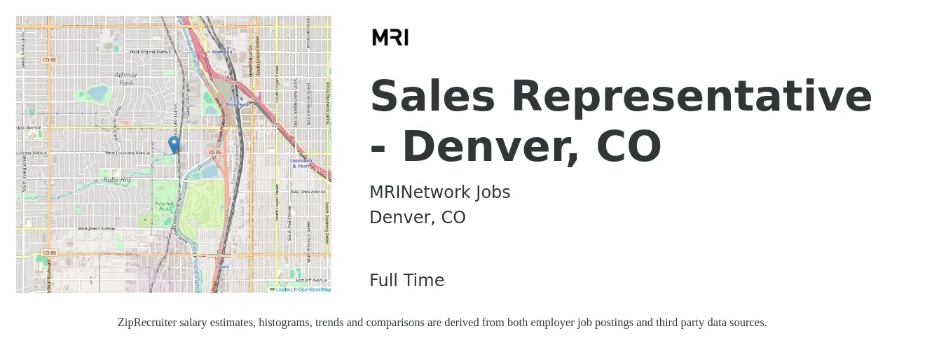 MRINetwork Jobs job posting for a Sales Representative - Denver, CO in Denver, CO with a salary of $55,100 to $95,700 Yearly with a map of Denver location.