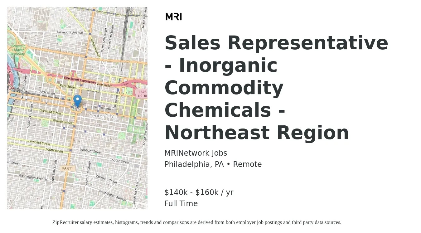MRINetwork Jobs job posting for a Sales Representative - Inorganic Commodity Chemicals - Northeast Region in Philadelphia, PA with a salary of $140,000 to $160,000 Yearly with a map of Philadelphia location.
