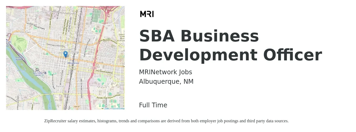 MRINetwork Jobs job posting for a SBA Business Development Officer in Albuquerque, NM with a salary of $80,900 to $111,500 Yearly with a map of Albuquerque location.