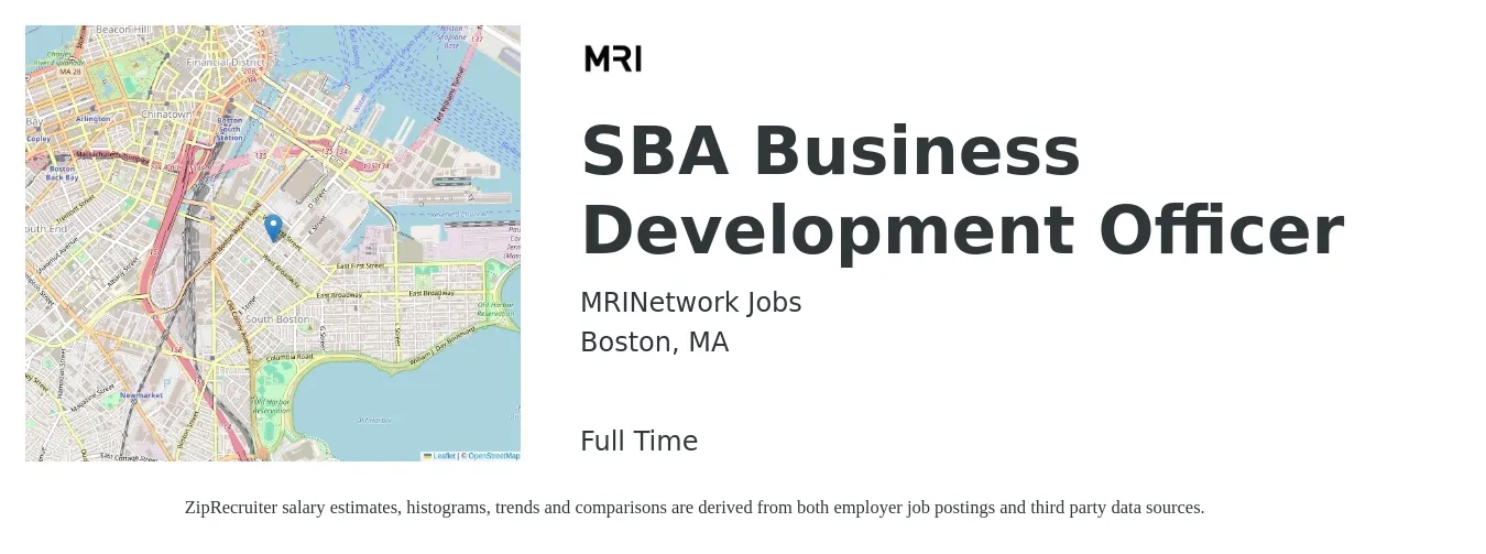 MRINetwork Jobs job posting for a SBA Business Development Officer in Boston, MA with a salary of $90,400 to $124,500 Yearly with a map of Boston location.