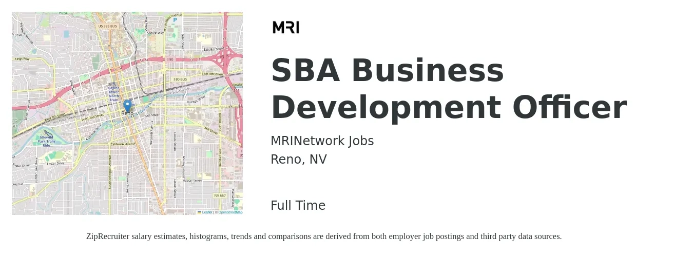 MRINetwork Jobs job posting for a SBA Business Development Officer in Reno, NV with a salary of $83,300 to $114,700 Yearly with a map of Reno location.