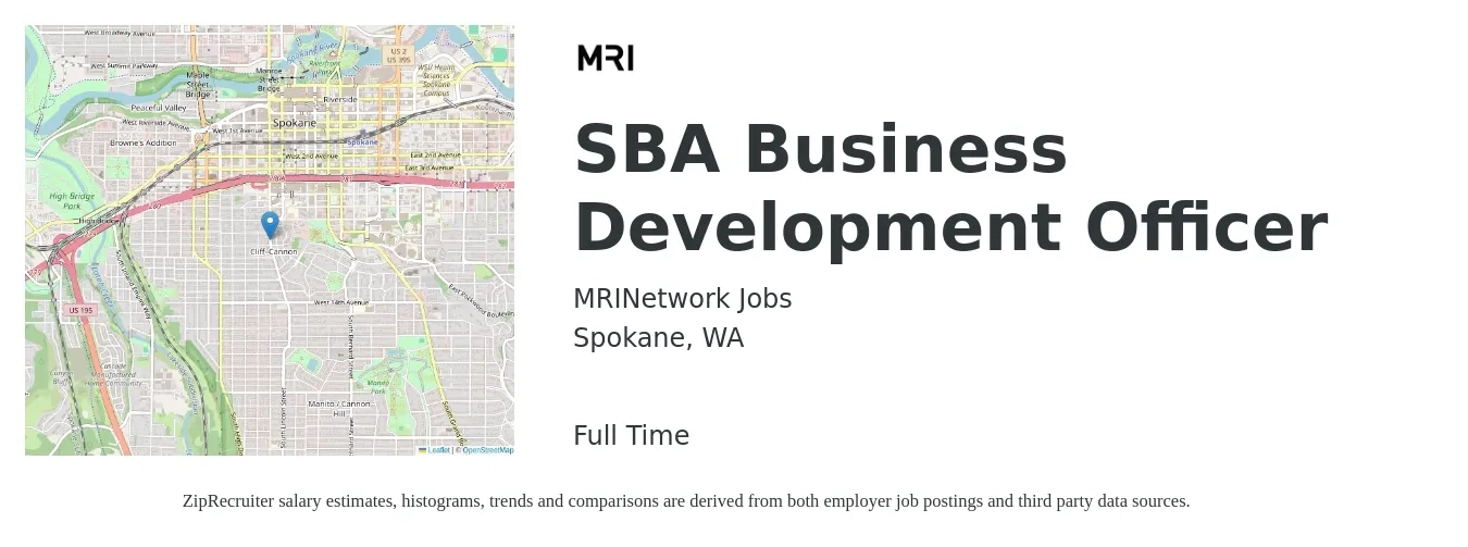 MRINetwork Jobs job posting for a SBA Business Development Officer in Spokane, WA with a salary of $84,400 to $116,300 Yearly with a map of Spokane location.