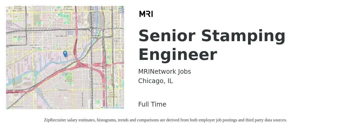 MRINetwork Jobs job posting for a Senior Stamping Engineer in Chicago, IL with a salary of $107,700 to $147,900 Yearly with a map of Chicago location.