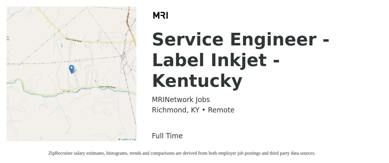 MRINetwork Jobs job posting for a Service Engineer - Label Inkjet - Kentucky in Richmond, KY with a salary of $24 to $39 Hourly with a map of Richmond location.