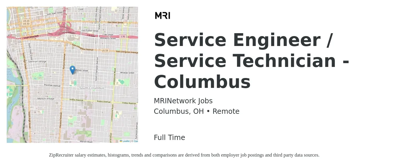 MRINetwork Jobs job posting for a Service Engineer / Service Technician - Columbus in Columbus, OH with a salary of $55,100 to $81,600 Yearly with a map of Columbus location.