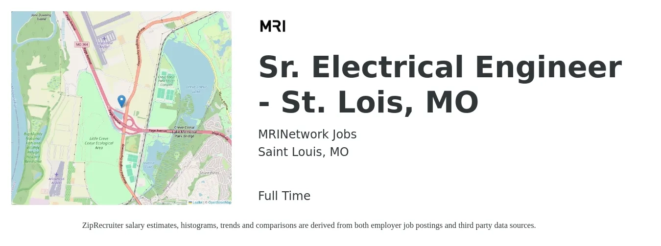 MRINetwork Jobs job posting for a Sr. Electrical Engineer - St. Lois, MO in Saint Louis, MO with a salary of $104,000 to $135,500 Yearly with a map of Saint Louis location.