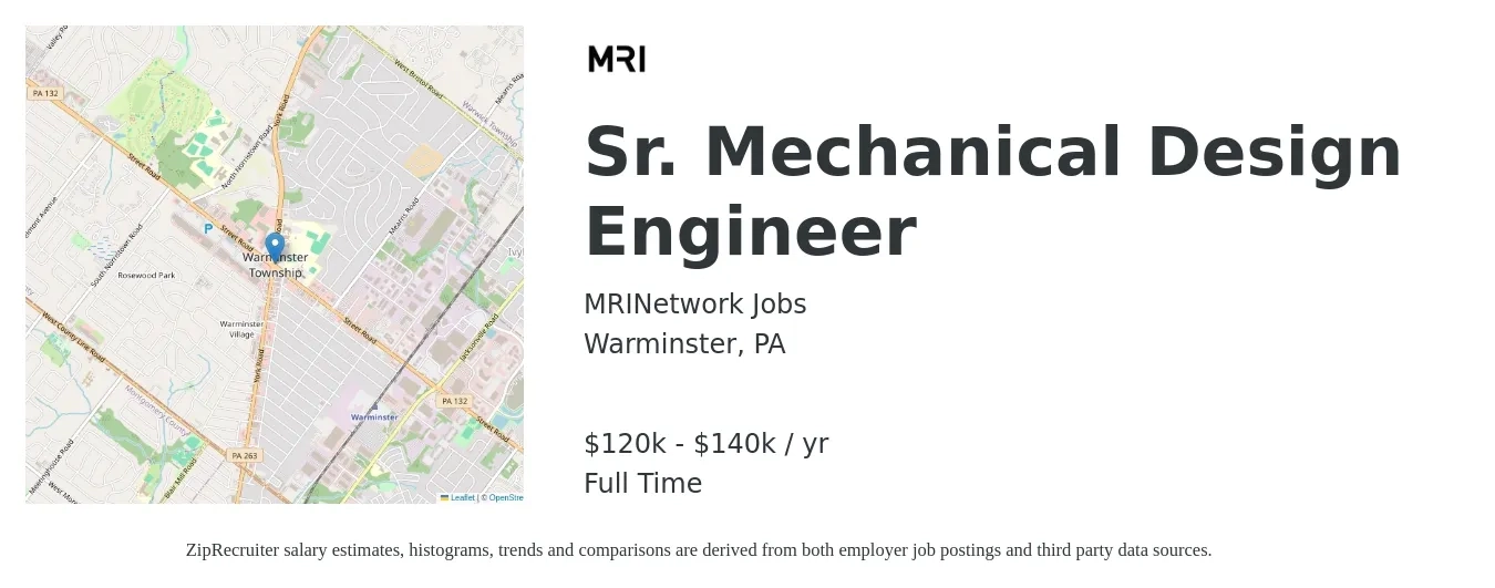 MRINetwork Jobs job posting for a Sr. Mechanical Design Engineer in Warminster, PA with a salary of $120,000 to $140,000 Yearly with a map of Warminster location.