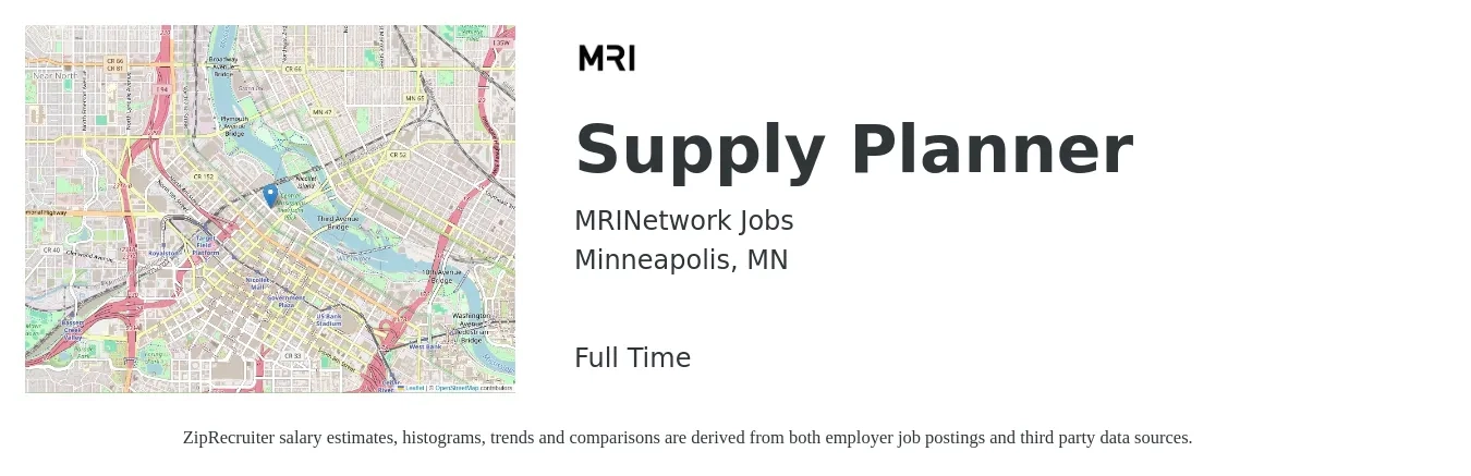 MRINetwork Jobs job posting for a Supply Planner in Minneapolis, MN with a salary of $81,400 to $118,000 Yearly with a map of Minneapolis location.