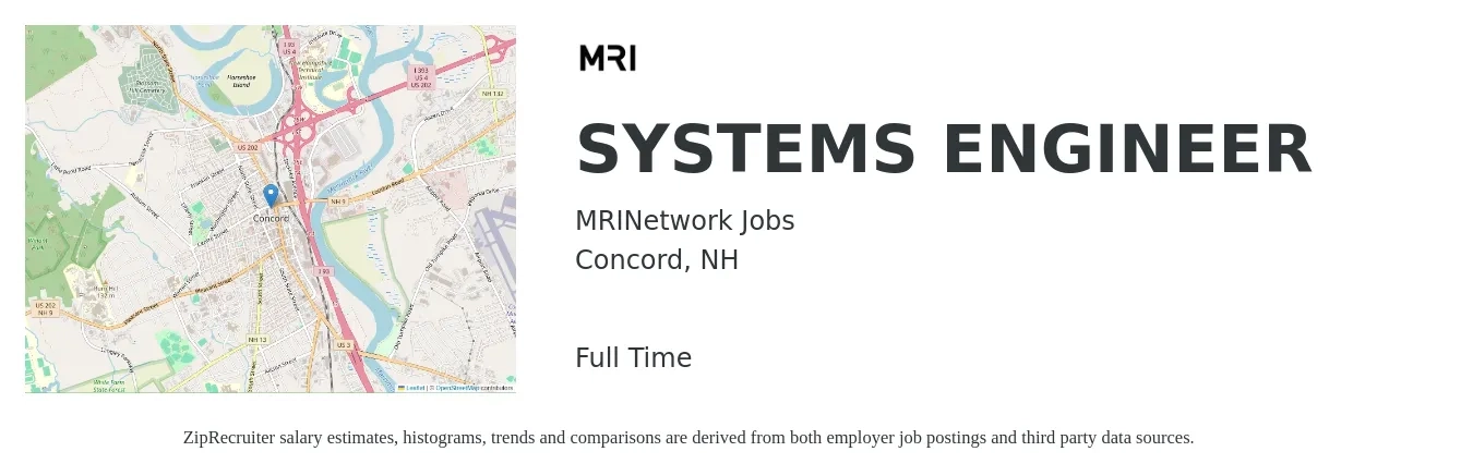 MRINetwork Jobs job posting for a SYSTEMS ENGINEER in Concord, NH with a salary of $98,600 to $158,000 Yearly with a map of Concord location.