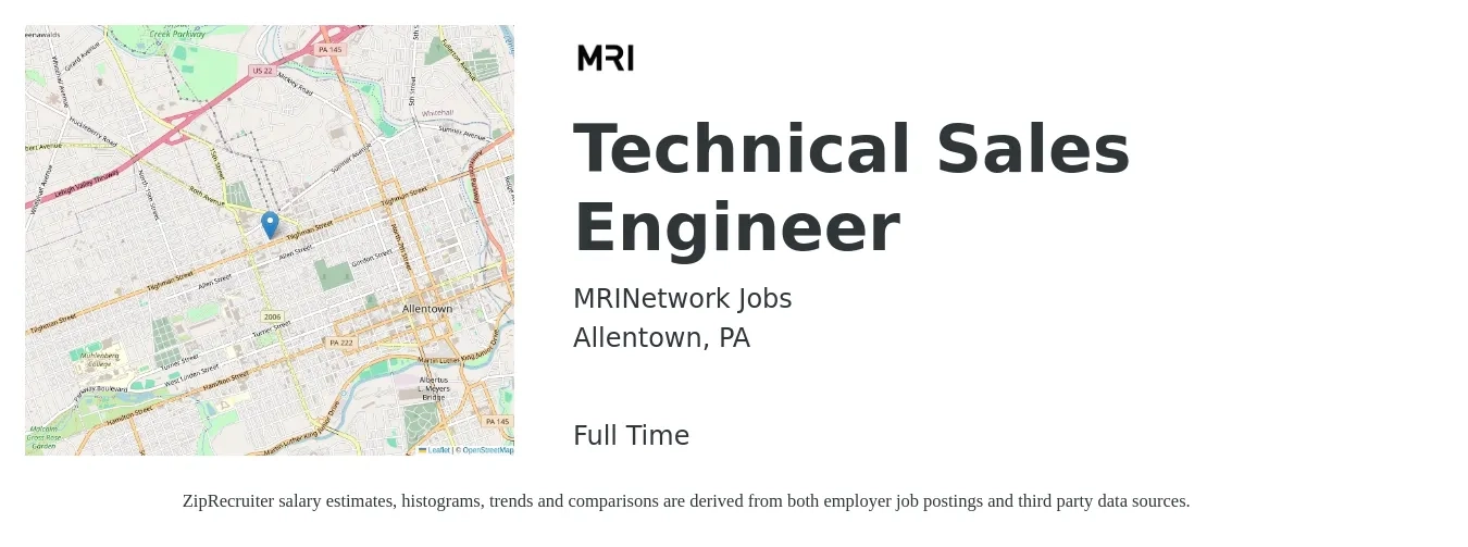 MRINetwork Jobs job posting for a Technical Sales Engineer in Allentown, PA with a salary of $67,600 to $98,700 Yearly with a map of Allentown location.