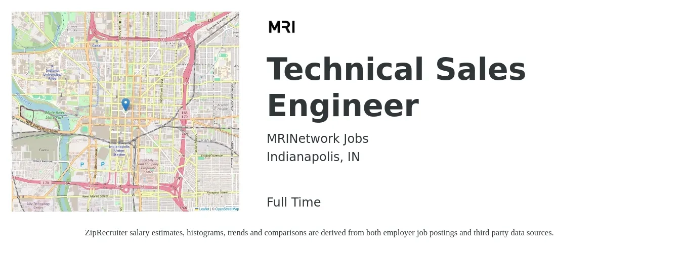 MRINetwork Jobs job posting for a Technical Sales Engineer in Indianapolis, IN with a salary of $65,500 to $95,600 Yearly with a map of Indianapolis location.