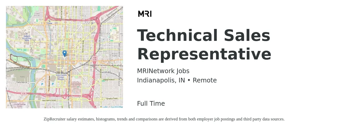 MRINetwork Jobs job posting for a Technical Sales Representative in Indianapolis, IN with a salary of $60,200 to $86,500 Yearly with a map of Indianapolis location.