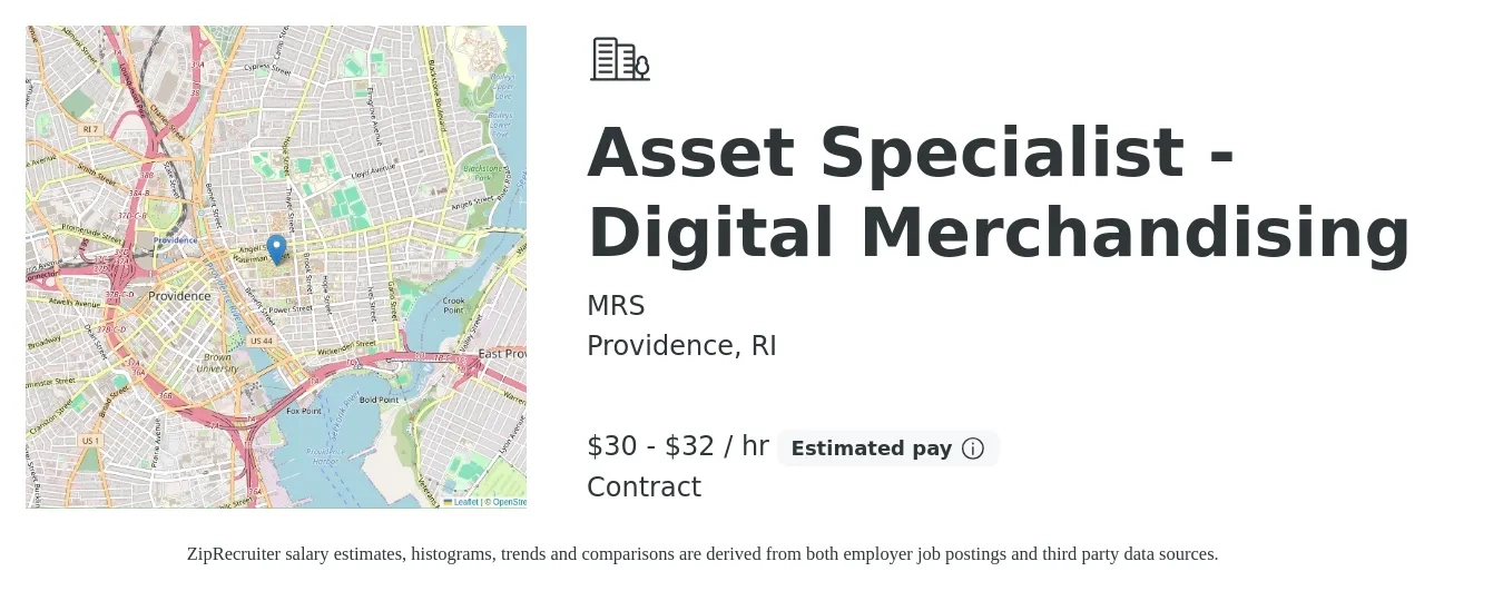 MRS job posting for a Asset Specialist - Digital Merchandising in Providence, RI with a salary of $32 to $34 Hourly with a map of Providence location.