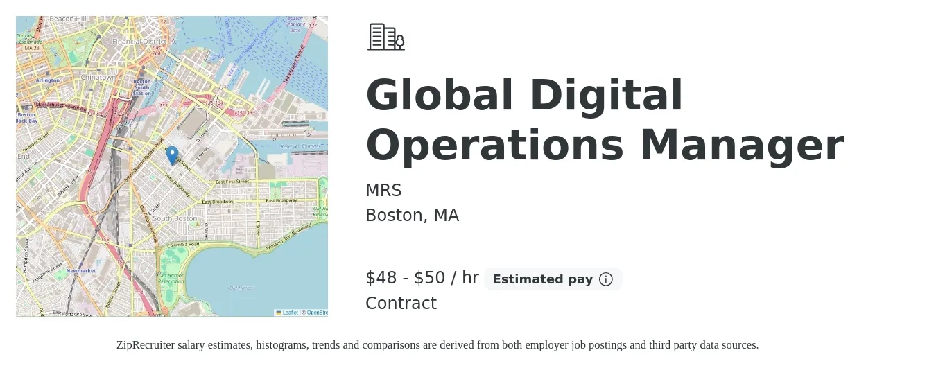 MRS job posting for a Global Digital Operations Manager in Boston, MA with a salary of $50 to $52 Hourly with a map of Boston location.