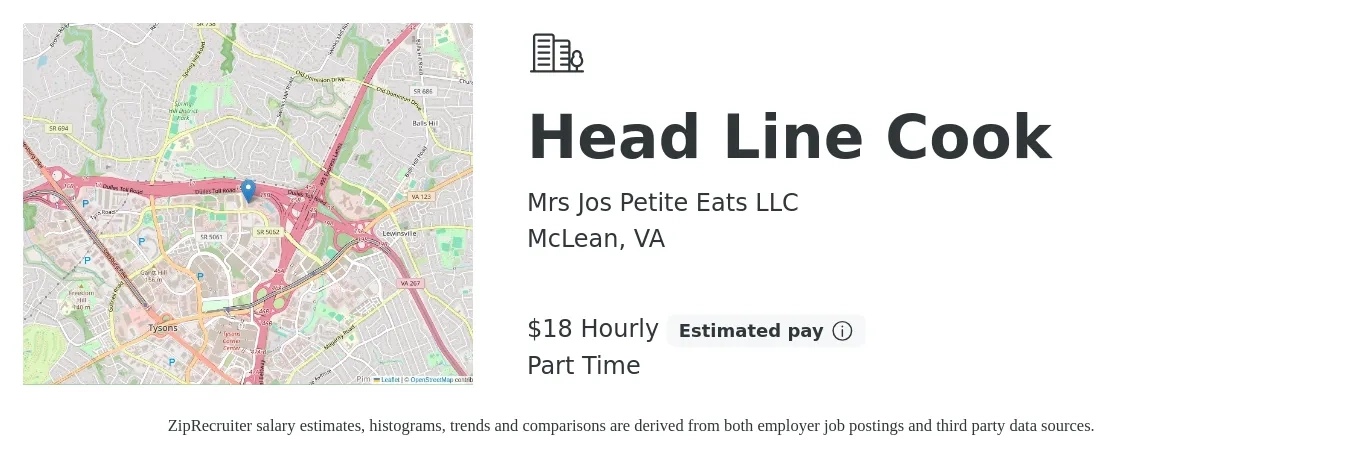 Mrs Jos Petite Eats LLC job posting for a Head Line Cook in McLean, VA with a salary of $19 Hourly with a map of McLean location.