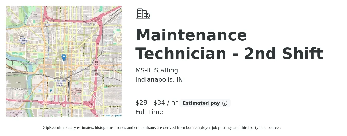 MS-IL Staffing job posting for a Maintenance Technician - 2nd Shift in Indianapolis, IN with a salary of $30 to $36 Hourly with a map of Indianapolis location.
