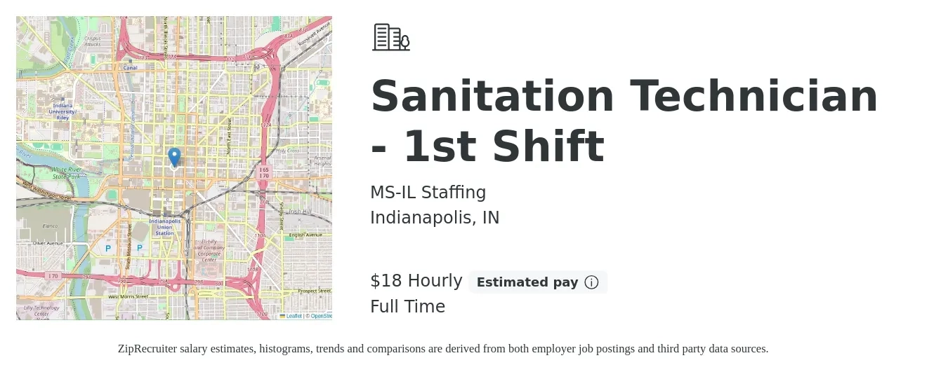 MS-IL Staffing job posting for a Sanitation Technician - 1st Shift in Indianapolis, IN with a salary of $20 Hourly with a map of Indianapolis location.