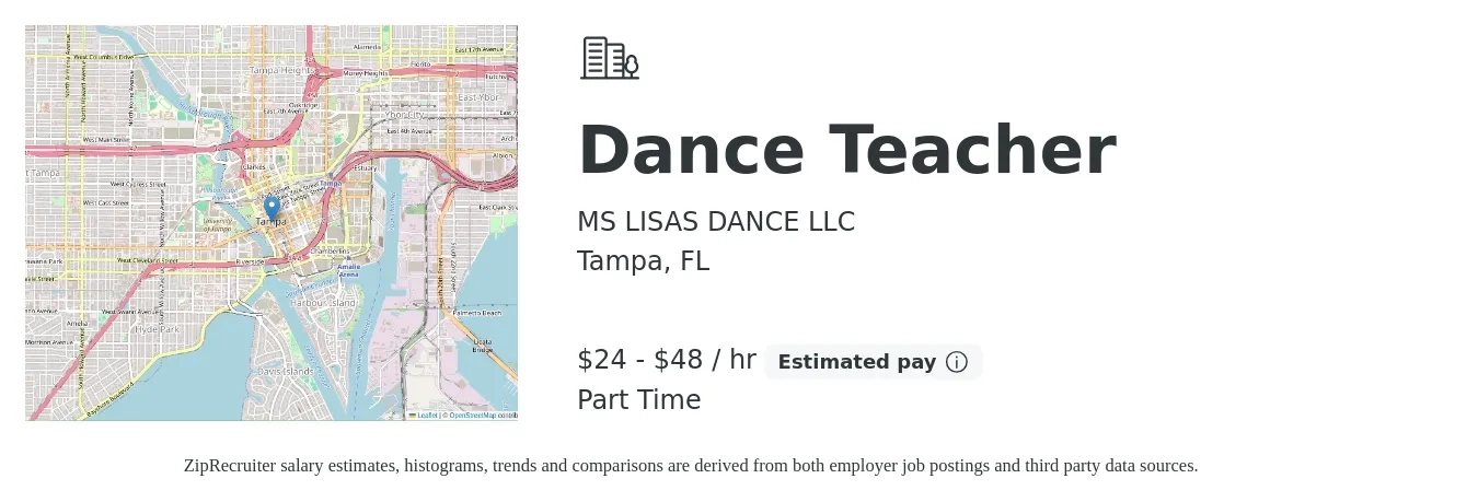 MS LISAS DANCE LLC job posting for a Dance Teacher in Tampa, FL with a salary of $25 to $50 Hourly with a map of Tampa location.