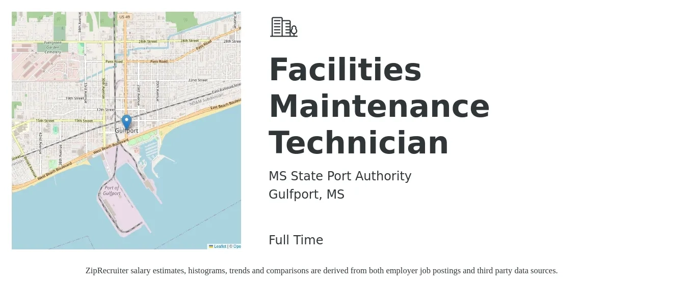 MS State Port Authority job posting for a Facilities Maintenance Technician in Gulfport, MS with a salary of $19 to $26 Hourly with a map of Gulfport location.