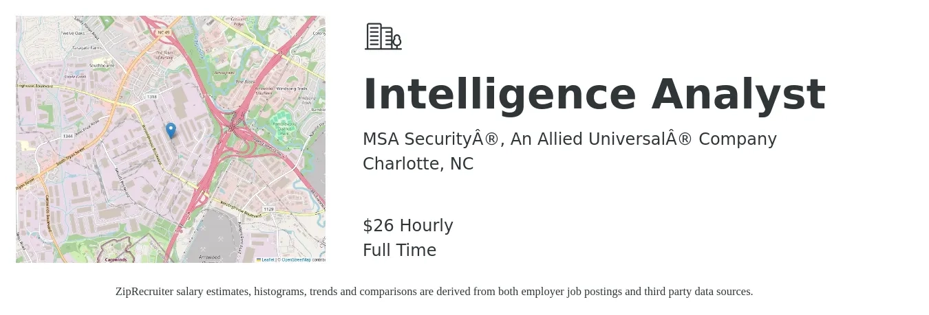 MSA Security®, An Allied Universal® Company job posting for a Intelligence Analyst in Charlotte, NC with a salary of $28 Hourly with a map of Charlotte location.