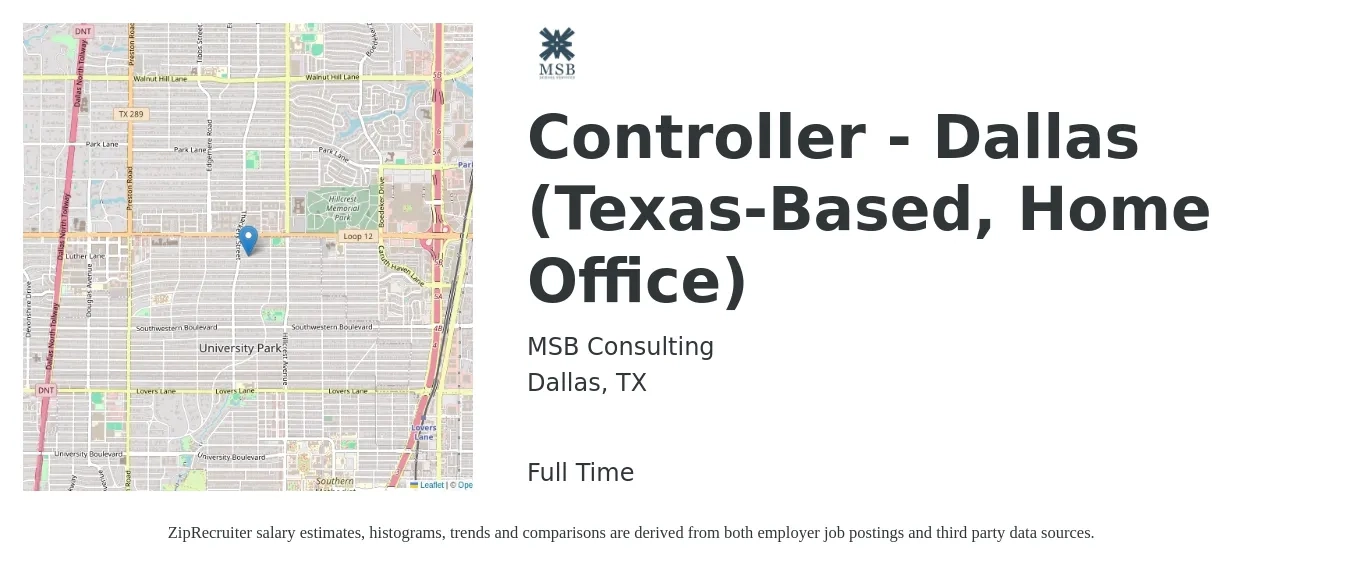 MSB Consulting job posting for a Controller - Dallas (Texas-Based, Home Office) in Dallas, TX with a salary of $75,000 to $110,000 Yearly with a map of Dallas location.