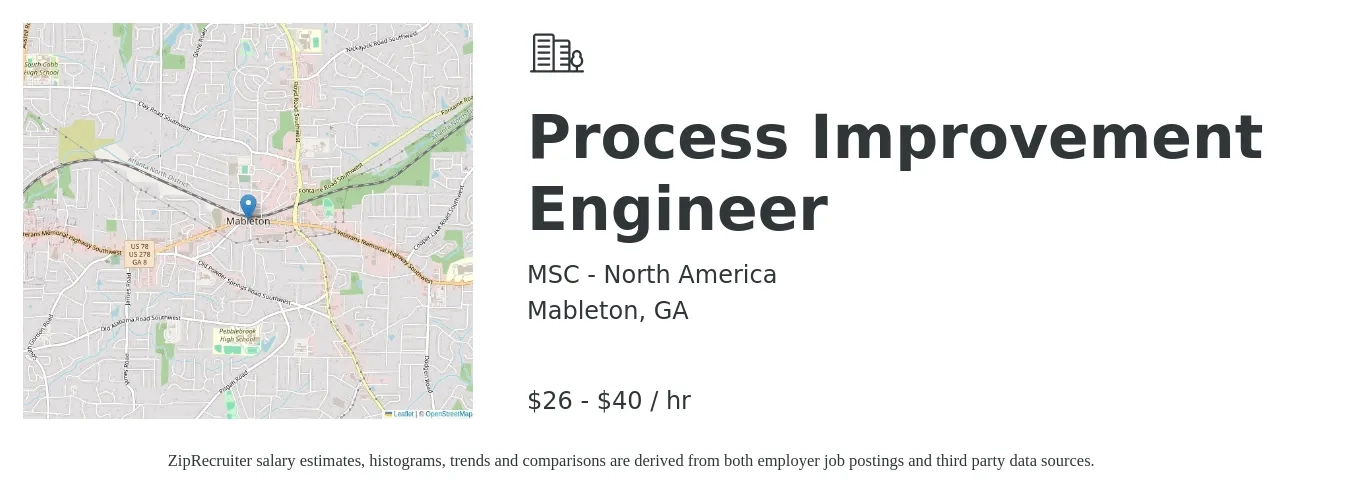 MSC - North America job posting for a Process Improvement Engineer in Mableton, GA with a salary of $28 to $42 Hourly with a map of Mableton location.