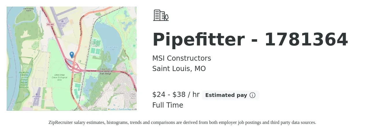 MSI Constructors job posting for a Pipefitter - 1781364 in Saint Louis, MO with a salary of $25 to $40 Hourly with a map of Saint Louis location.
