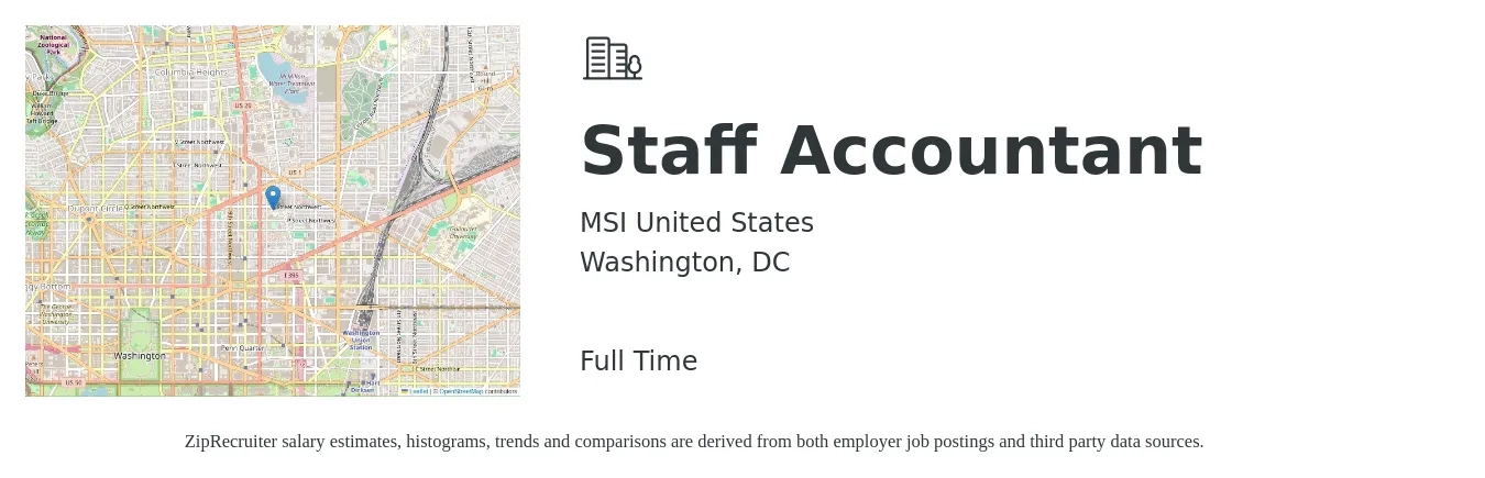 MSI United States job posting for a Staff Accountant in Washington, DC with a salary of $62,300 to $82,100 Yearly with a map of Washington location.