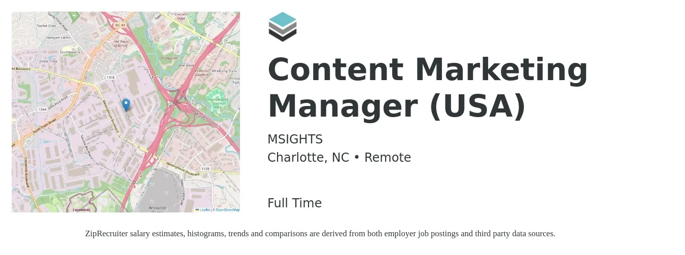 MSIGHTS job posting for a Content Marketing Manager (USA) in Charlotte, NC with a salary of $58,600 to $85,000 Yearly with a map of Charlotte location.