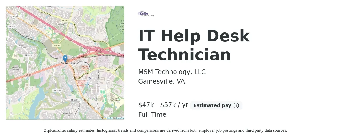 MSM Technology, LLC job posting for a IT Help Desk Technician in Gainesville, VA with a salary of $47,000 to $57,000 Yearly with a map of Gainesville location.