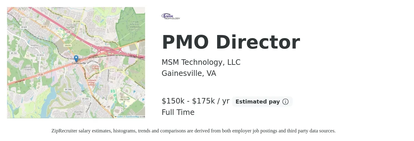 MSM Technology, LLC job posting for a PMO Director in Gainesville, VA with a salary of $150,000 to $175,000 Yearly with a map of Gainesville location.