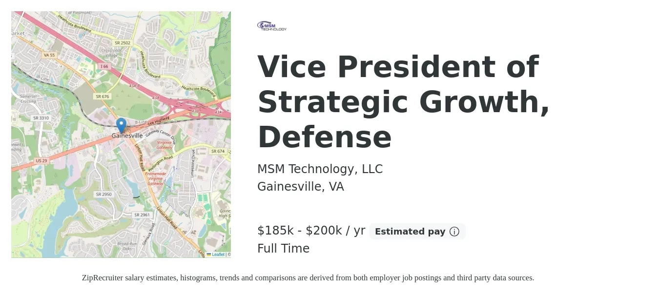 MSM Technology, LLC job posting for a Vice President of Strategic Growth, Defense in Gainesville, VA with a salary of $185,000 to $200,000 Yearly with a map of Gainesville location.