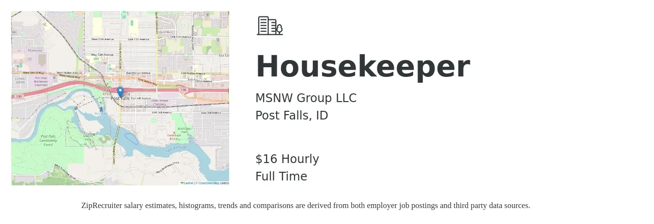 MSNW Group LLC job posting for a Housekeeper in Post Falls, ID with a salary of $17 Hourly with a map of Post Falls location.