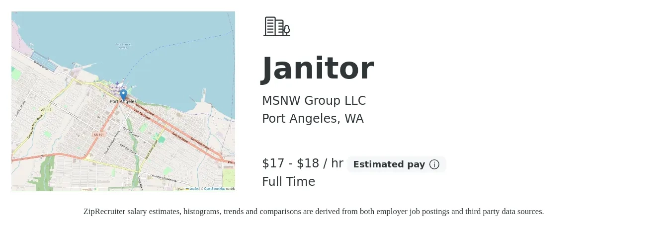 MSNW Group LLC job posting for a Janitor in Port Angeles, WA with a salary of $18 to $19 Hourly with a map of Port Angeles location.