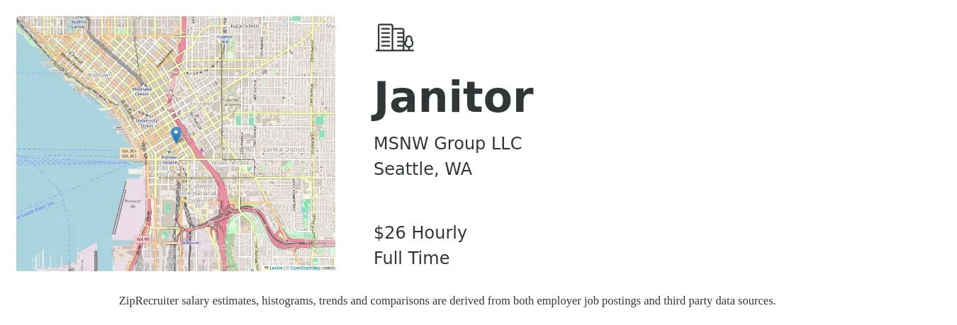 MSNW Group LLC job posting for a Janitor in Seattle, WA with a salary of $16 to $21 Hourly with a map of Seattle location.